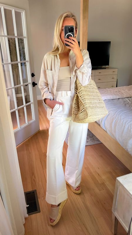 White Wide leg pants tailored pants dressy paint abercrombie pants abercrombie and fitch trousers straw tote beach tote pool tote raffia tote bag tube top strapless top linen shirt button down shirt sandals wedges platform wedge dolce vita sandals 

#LTKWorkwear #LTKFindsUnder50 #LTKFindsUnder100