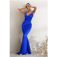 Serene | Blue Satin Wrap Front Maxi Dress | Club L London