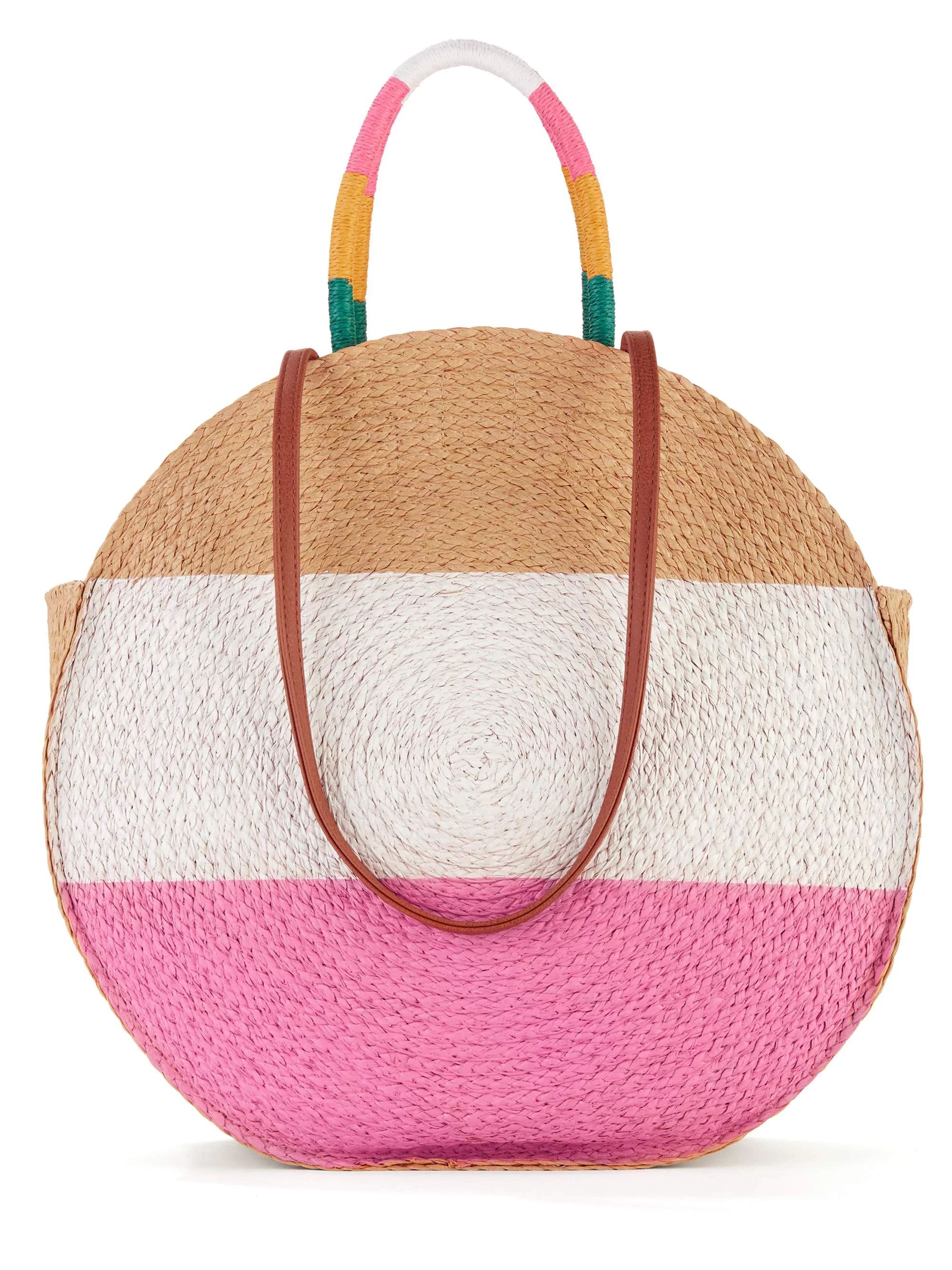Time and Tru Women's Striped Straw Circle Tote Bag with Inner Slip Pocket Coral Multi - Walmart.c... | Walmart (US)