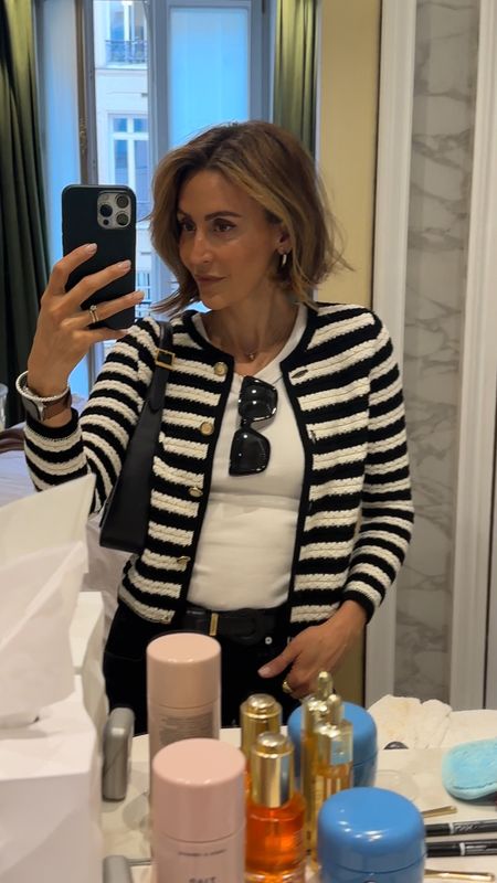 Paris morning outfit - wearing my striped mango cardi, tank and horseshoe jeans 
Revamping my whole skincare and hair routine and linking all I’m wearing here! 

#LTKstyletip #LTKover40 #LTKbeauty