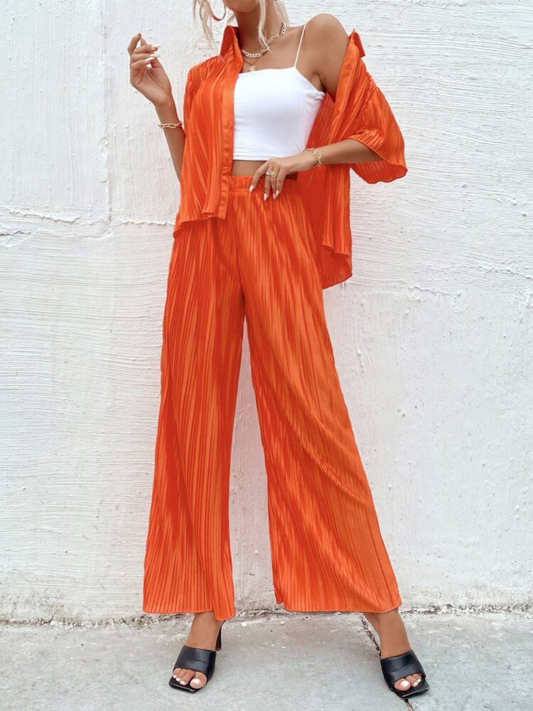 Pleated Drop Shoulder Blouse & Wide Leg Pants | SHEIN