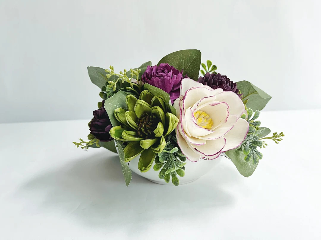 Purple & Green Sola Wood Flower Arrangement: White Ceramic Bowl Centerpiece | Etsy (US)