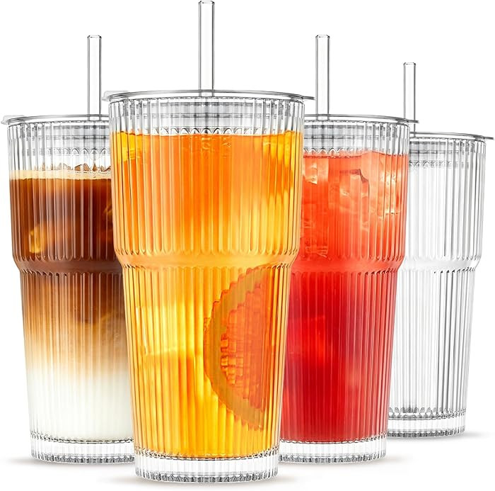 INSETLAN 20 oz Ribbed Glass Tumblers with Lids and Glass Straws \u2013 4-Piece Glassware Set, Thi... | Amazon (US)