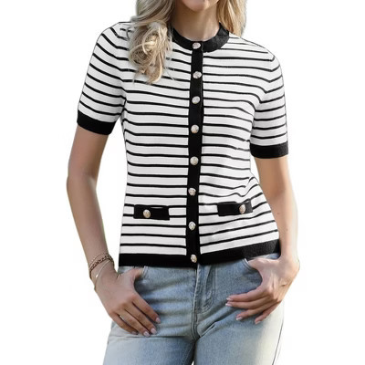 INSPIRE CHIC Women's Striped Short Sleeve Button Color Block Knitted Casual Crew Neck Cardigan X-Small Black White Stripe | Target