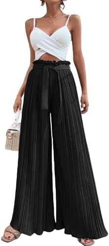 Palazzo Pants for Women - Pleated Wide Leg Pants Loose Tie Front High Waist Ruffle Flare Bell Bot... | Amazon (US)