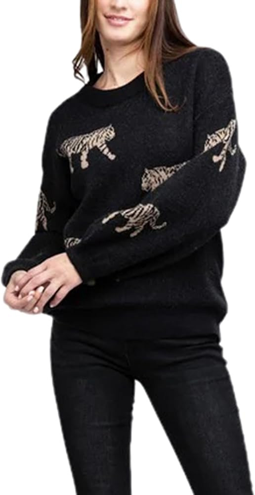 Women Oversized Knit Sweater Tiger Print Long Sleeve Pullover Tops Aesthetic Clothes Streetwear K... | Amazon (US)