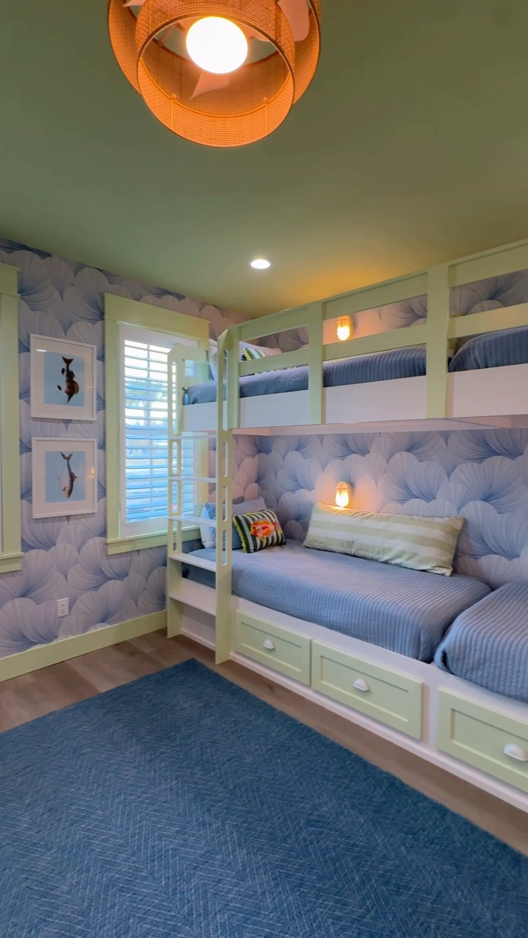 Sleeping with the fishes never looked this cute 🐠✨ World Market pillows, swoon-worthy wallpaper from Wayfair, and a splash of Lime Granita by Sherwin-Williams to keep it fresh and fun! 💚 
#BunkRoom

#LTKKids #LTKHome #LTKFamily