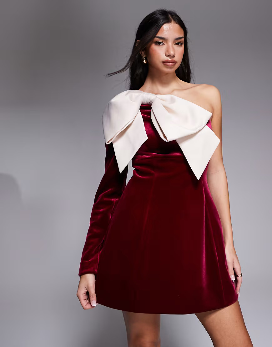 ASOS LUXE one shoulder velvet mini dress with bow detail in burgundy-Red | ASOS (Global)