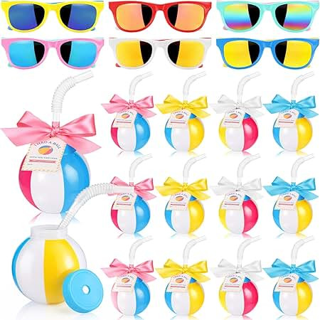 LemonRoad 12 Set End of The Year Student Gifts 12 Pack Beach Ball Cups with Straw and Lid, 14oz Reusable Summer Party Bulk Cups with Sunglasses and Cards Graduation Gifts Pool Party Favors | Amazon (US)