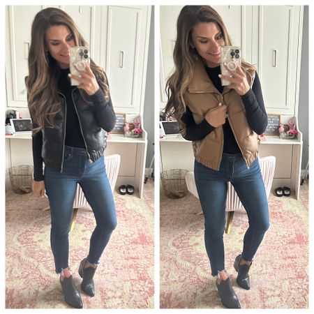 Great faux leather puffer vest now on sale - All true to size. Wearing a small in the vest and sweater. Wearing a 4 in the jeans  

#LTKunder100 #LTKsalealert #LTKstyletip