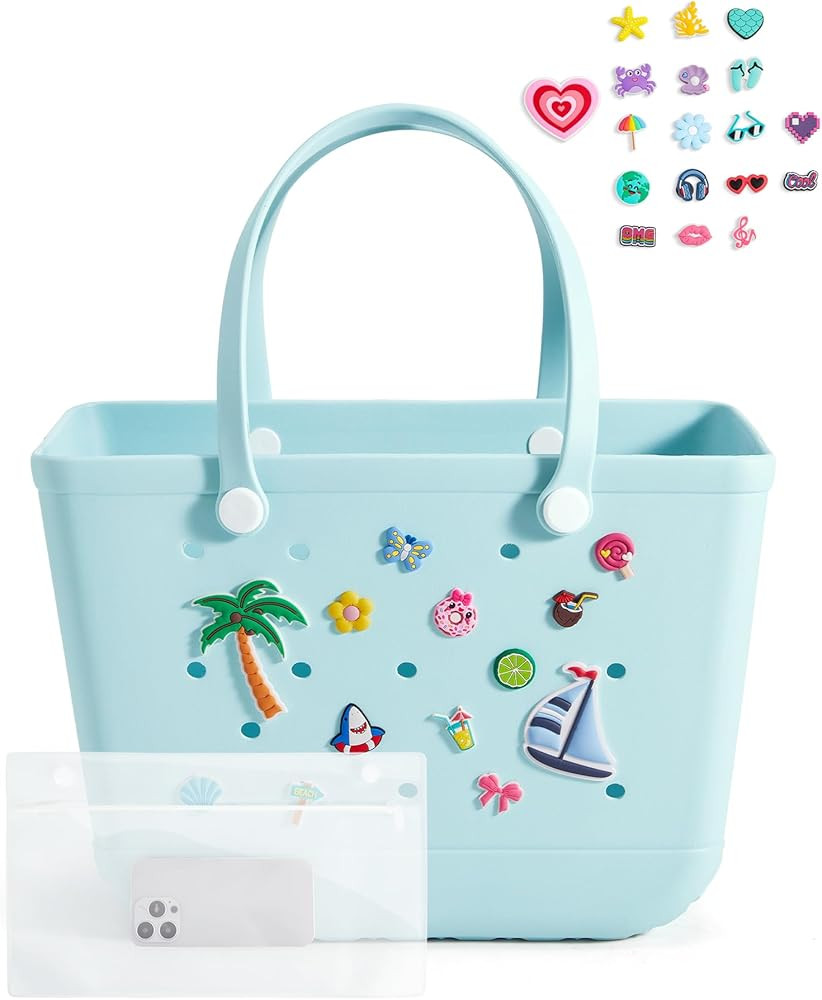 Large Beach Bag for Women with Cooler, Rubber Tote Bag with Charms, Waterproof Vacation Essential... | Amazon (US)