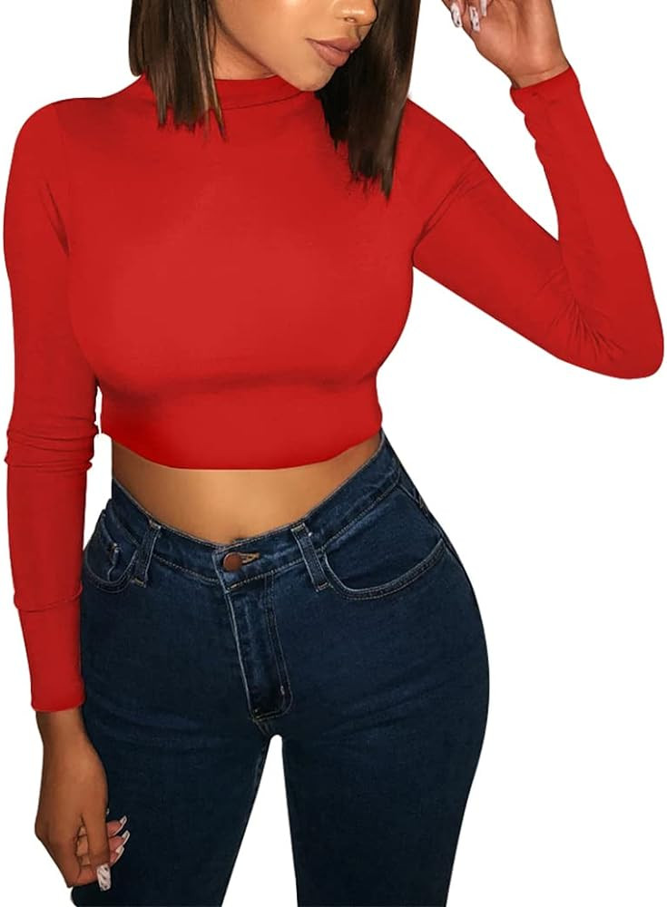 LAGSHIAN Basic Long Sleeve Crop Top, Women's Turtleneck Sexy Casual Top | Amazon (US)