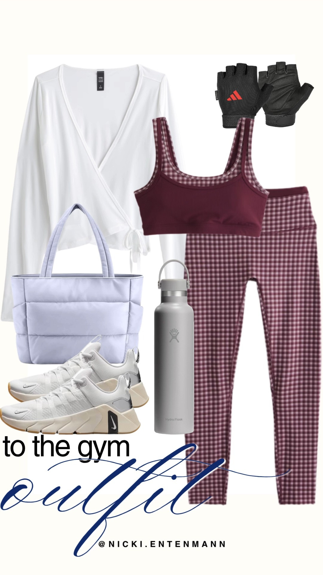 Refresh your workout wardrobe with this soft burgundy gingham activewear edit. A matching checkered sports bra and high-waisted legging set pairs with a lightweight white long-sleeve wrap top. Crisp white Nike trainers, a lilac puffer tote, a sleek grey Hydro Flask, and black Adidas weightlifting gloves top off this preppy fitness look.

#tothegym #gymoutfit #activewear #athleisure #workoutstyle #fallfitness #preppycasual 

 #LTKootd #LTKfitnessgoals #LTKActive