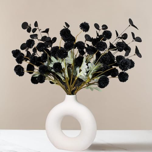 RyddeligHome Black Artificial Flowers for Centerpieces Bulk 10 Long Stems /50 Small Faux Silk Mum Balls + Black Eucalyptus Stems 2 Branches, Fall Boho Halloween Home Decor Indoor, Gothic Flowers | Amazon (US)