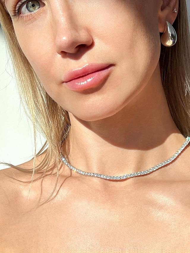 3mm Tennis Necklace for Women & Men, 14K White Gold Plated Cuban Link Chain 5A+ Cubic Zirconia Ic... | Amazon (US)