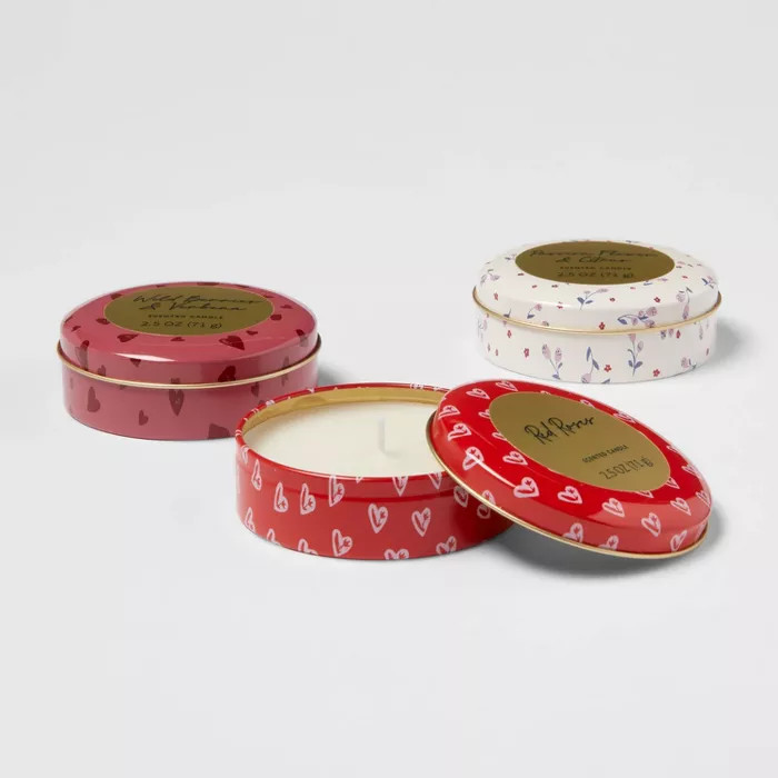 2.5oz 3pk Valentine's Round Tin Set Candle Roses, Wild Berries, Verbena and Almond Shortbread - T... | Target