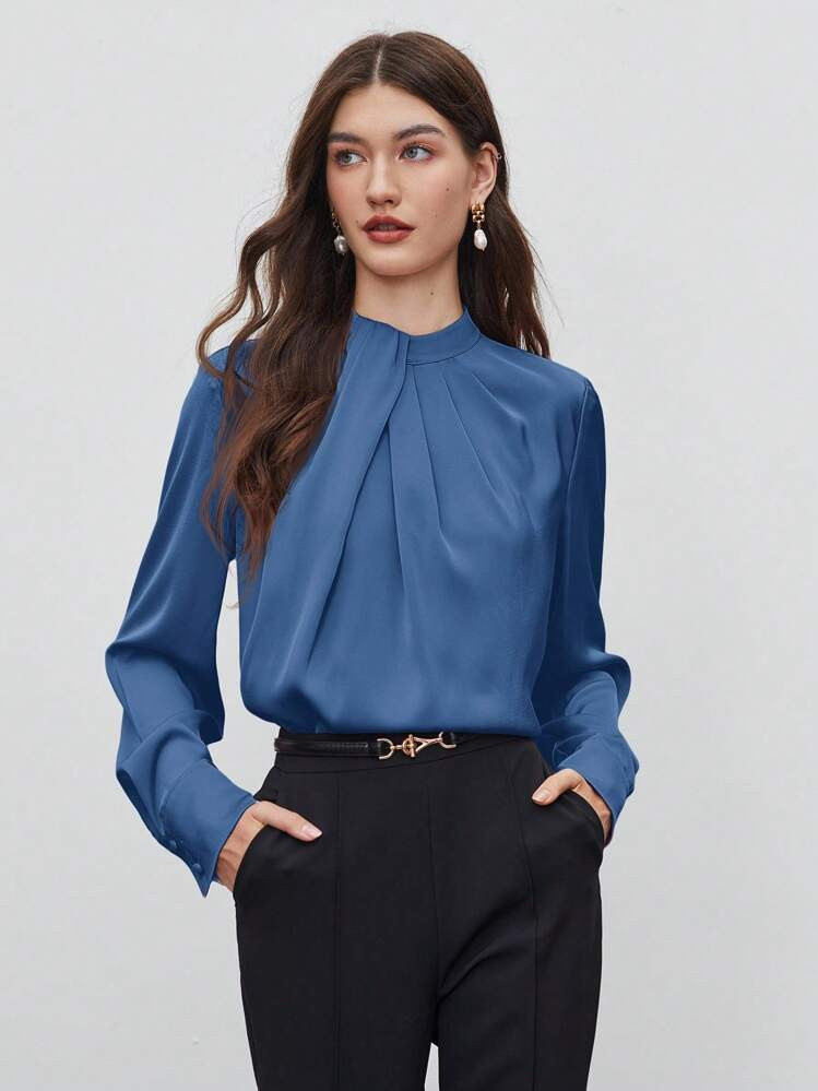 BizChic Women's Autumn High Collar Asymmetric Design Ruched Decor Loose Long Sleeve Top, Basic Minimalist Elegant Chic Business Casual Office Wear, Suitable For Teachers, Weddings, Concerts | SHEIN