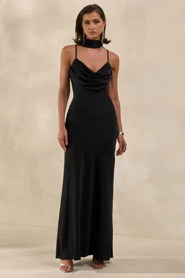 Anarelle | Black Satin Cowl-Neck Maxi Dress | Club L London