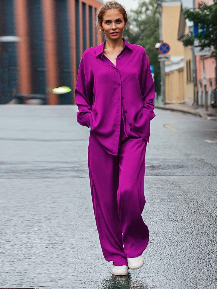 Solid Drop Shoulder 1 Shirt & 1 Pants | SHEIN
