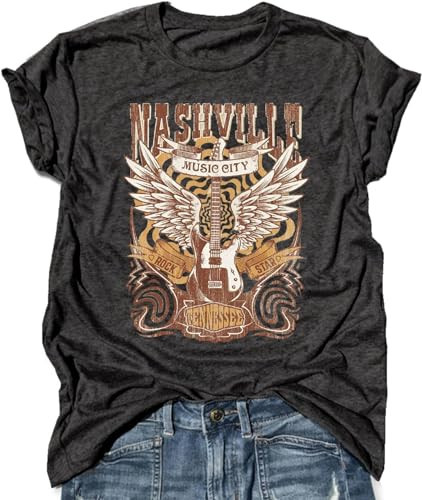 Rock Band T-Shirt Women Country Music Shirt Tops Nashville Music City Tshirt Vintage Guitar Wings Graphic Tees(A2Dark Grey1,L) | Amazon (US)