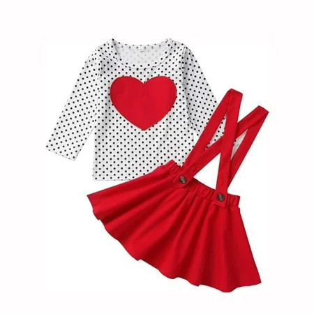 Younger Tree Toddler Baby Girl Valentine s Day Clothes Outfit Long Sleeve Dot Heart Shirt Top Suspender Strap Red Skirts Set for 1-2T | Walmart (US)