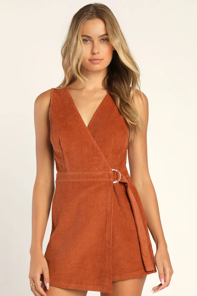 Absolutely Cute Rust Orange Corduroy Faux-Wrap Skort Romper | Lulus