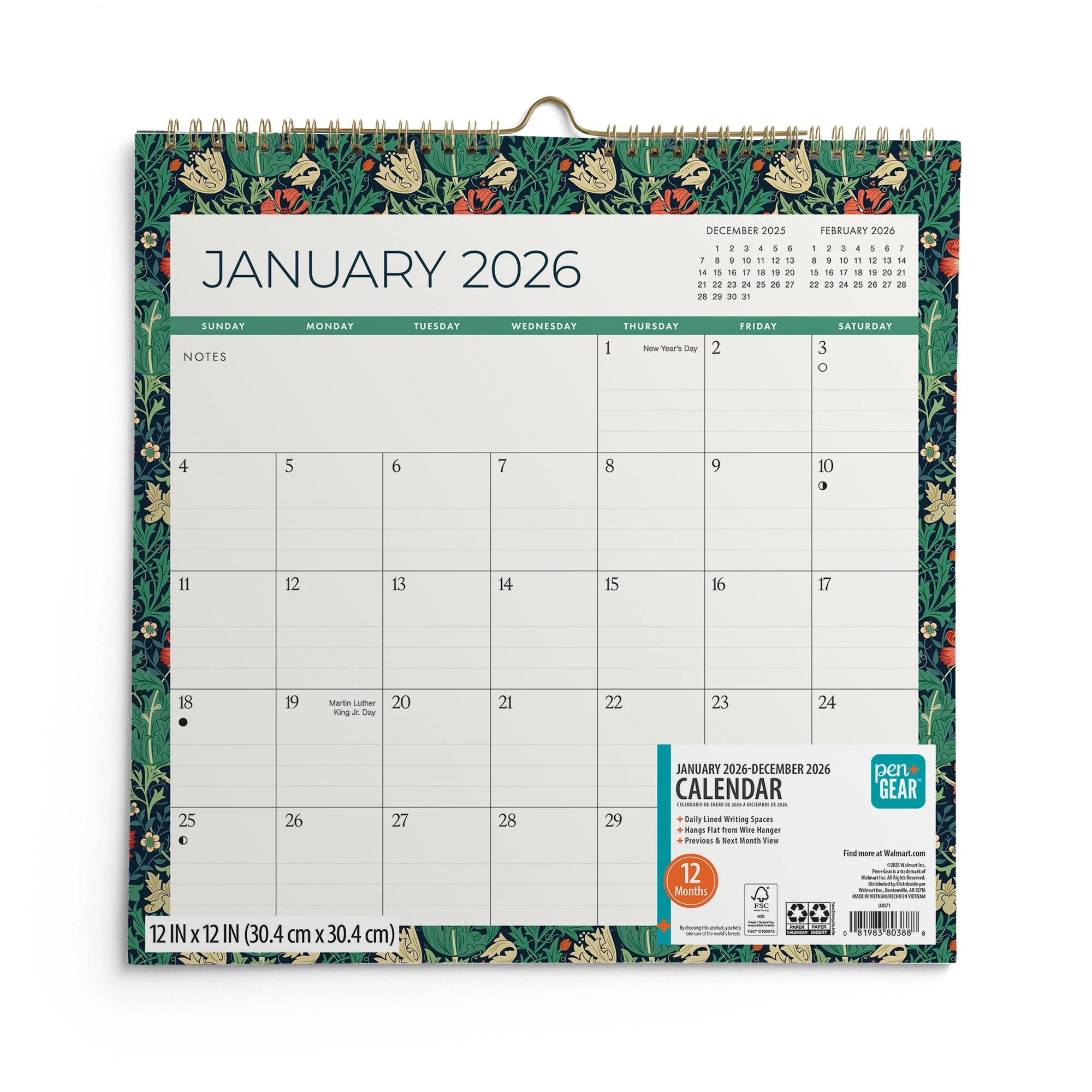 Pen+Gear Monthly Spiral Calendar(12"x12")Vintage Floral 12 Mo Jan 2026-Dec 2026 | Walmart (US)