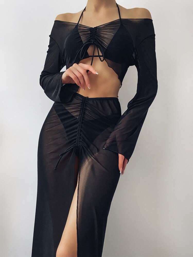 4pack Mesh Ruched Drawstring Knot Front Bikini Swimsuit | SHEIN