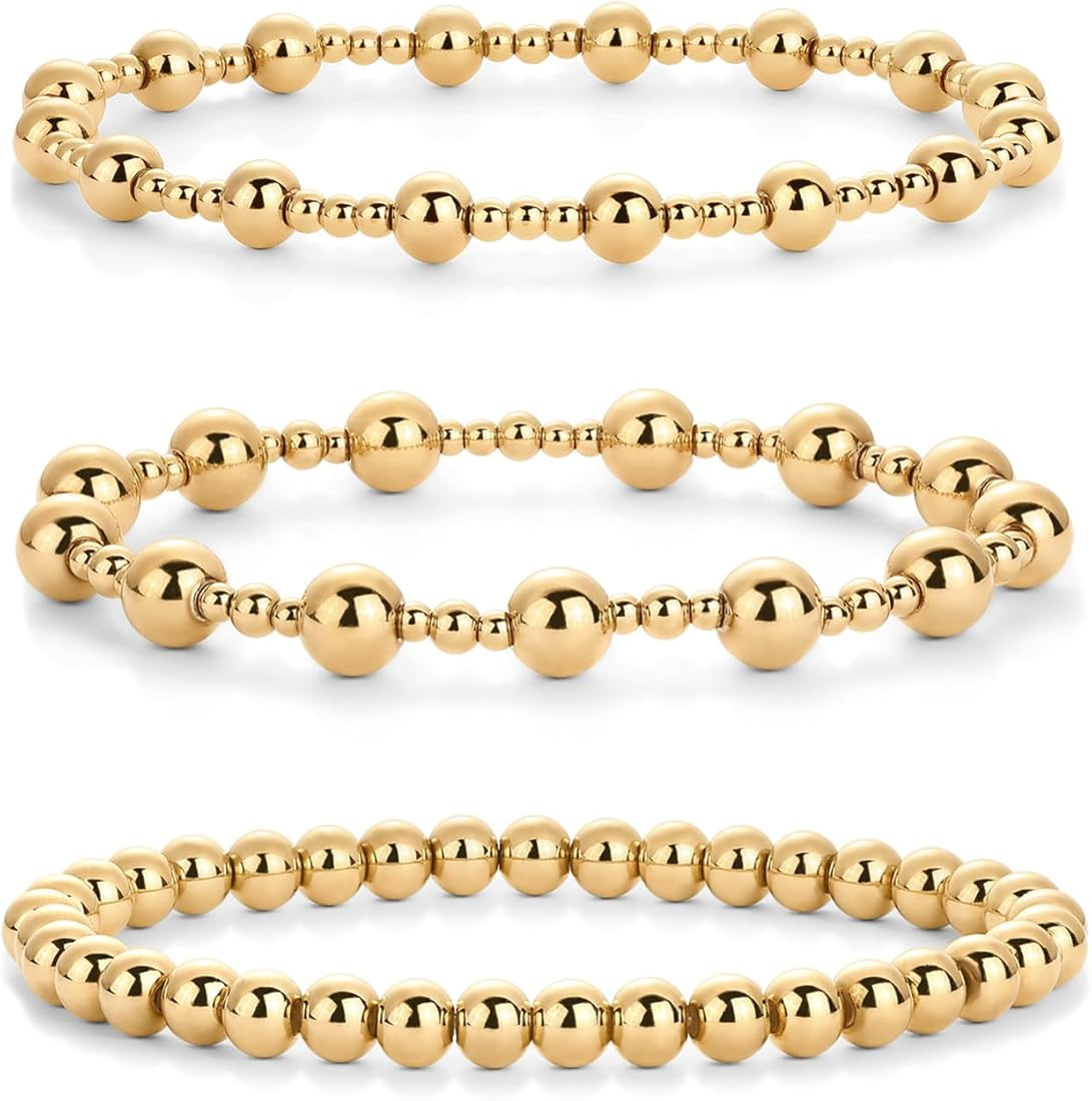 PAVOI 14K Gold Plated Beaded Bracelet Pack for Women | Stainless Steel 3-Piece Stretchy Bracelet ... | Amazon (US)