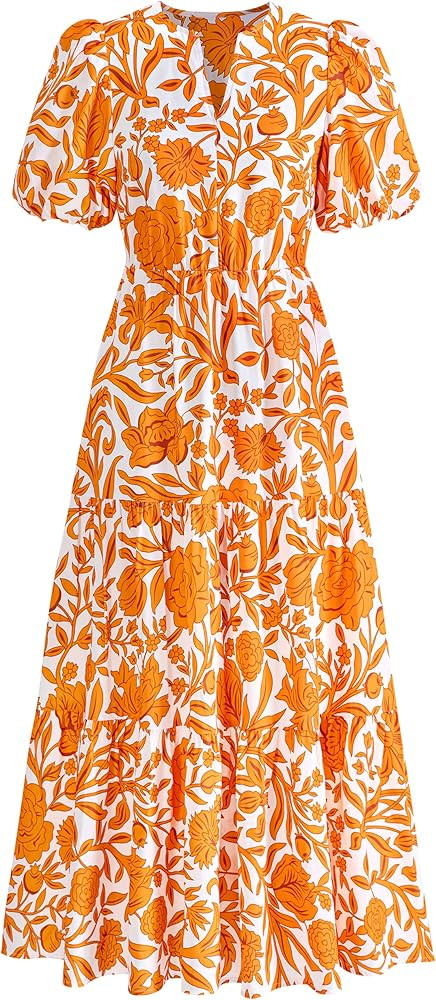 dowerme Womens Summer Dresses 2026 Casual Puff Short Sleeve V Neck Floral Boho Tiered Ruffle Maxi... | Amazon (US)