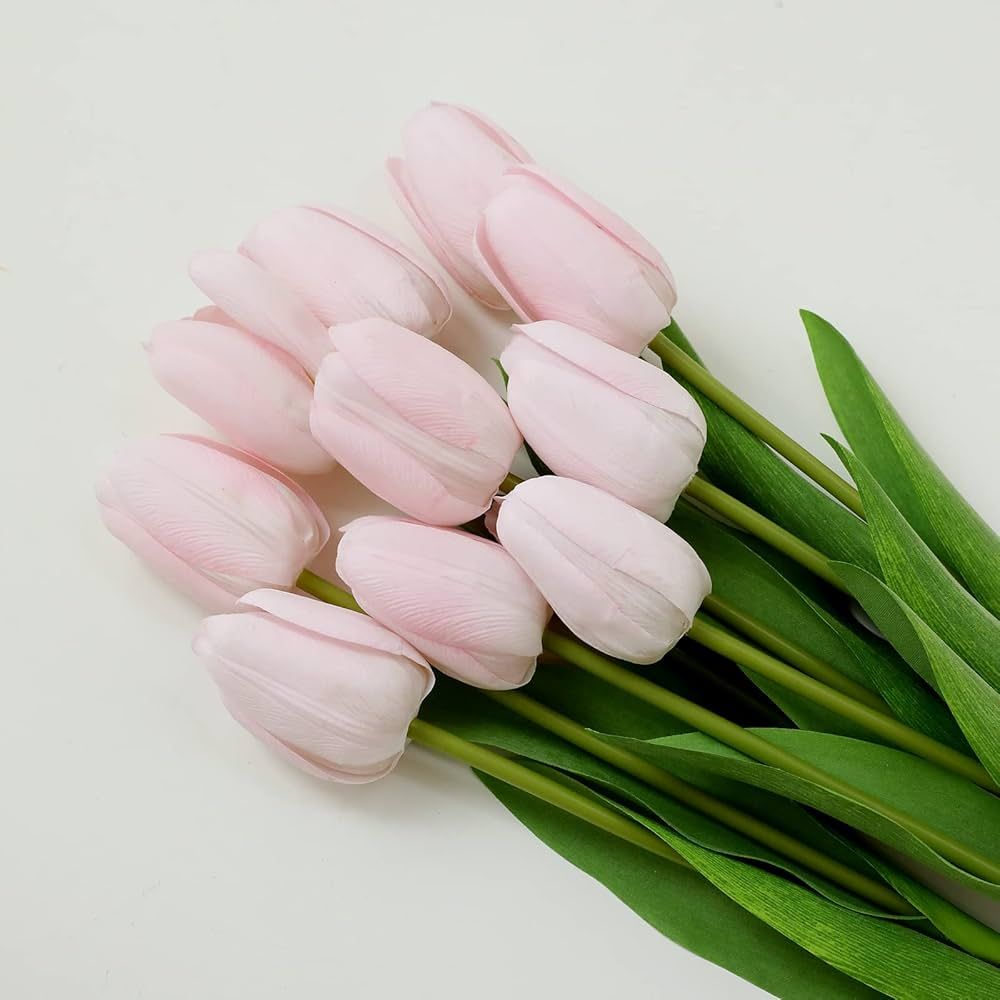 dallisten 10Pcs Blush Artificial Tulips Silk Flowers, Long Stem and Green Leaves, Fake Flowers De... | Amazon (US)