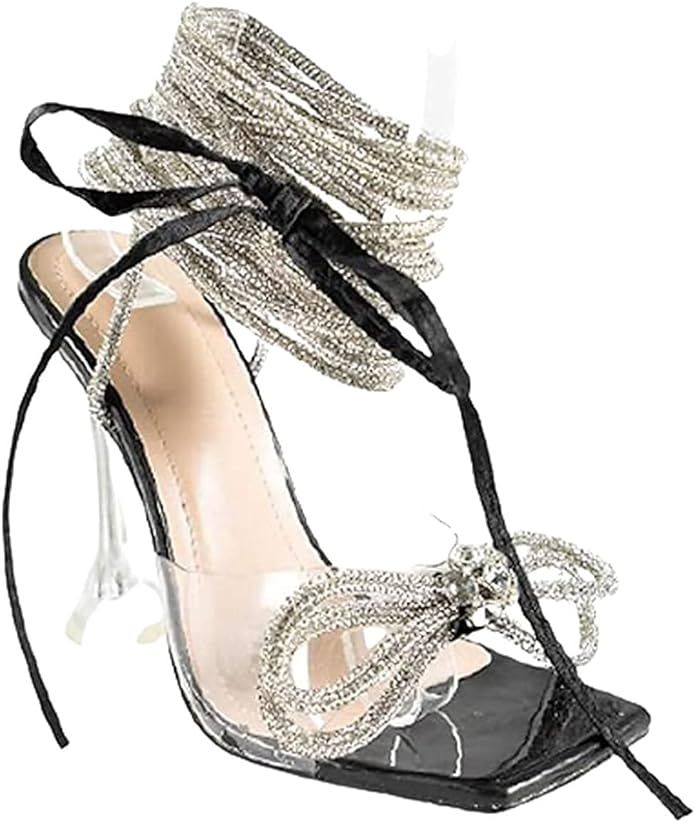 Women's lace up rhinestone high heel sandals | Amazon (US)