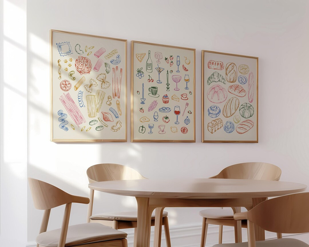 Three Piece Kitchen Print Set for Food Lovers, Dinner Table Poster, Pasta Illustration, Bread Art... | Etsy (US)