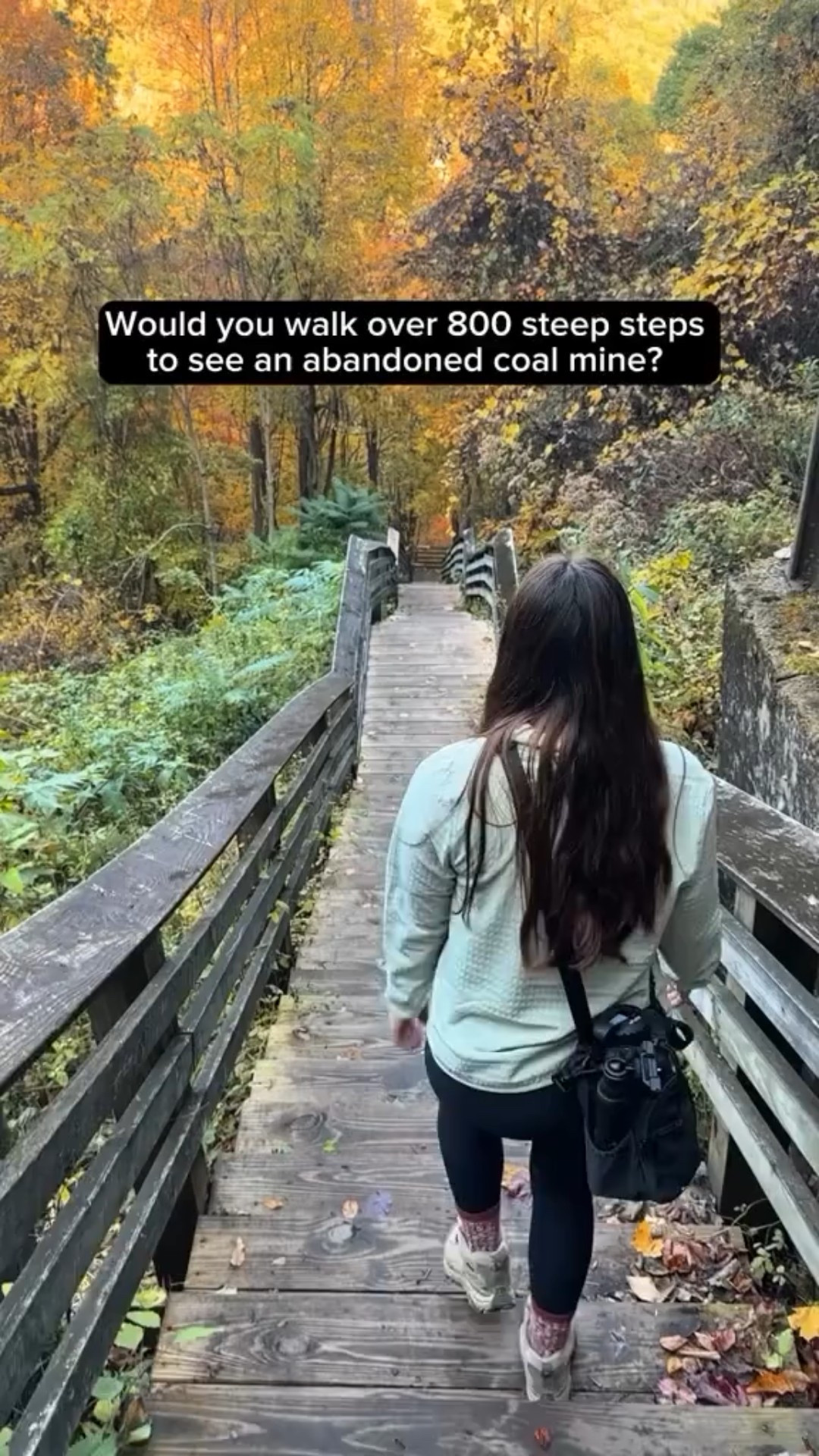 The Kaymoor Mine Trail in New River Gorge is one of those hikes that perfectly blends history and adventure. It drops you straight into the story of the old coal mining days — with nearly 800 steps leading down to the remains of the Kaymoor Mine and processing plant hidden deep in the gorge. It’s definitely a leg burner coming back up, but totally worth it for the views, the eerie quiet of the forest, and the feeling of walking through a piece of West Virginia history. 

FYI: These clips were taken late October last year! 📍Trail Details 
Distance: ~3.6 miles round trip 
Elevation gain: ~800 feet 
Rated: Strenuous (those stairs!) 
Tip: Bring water — you’ll need it for the climb back out. #NewRiverGorge #WestVirginiaHikes #usnationalparks #AppalachianAdventures