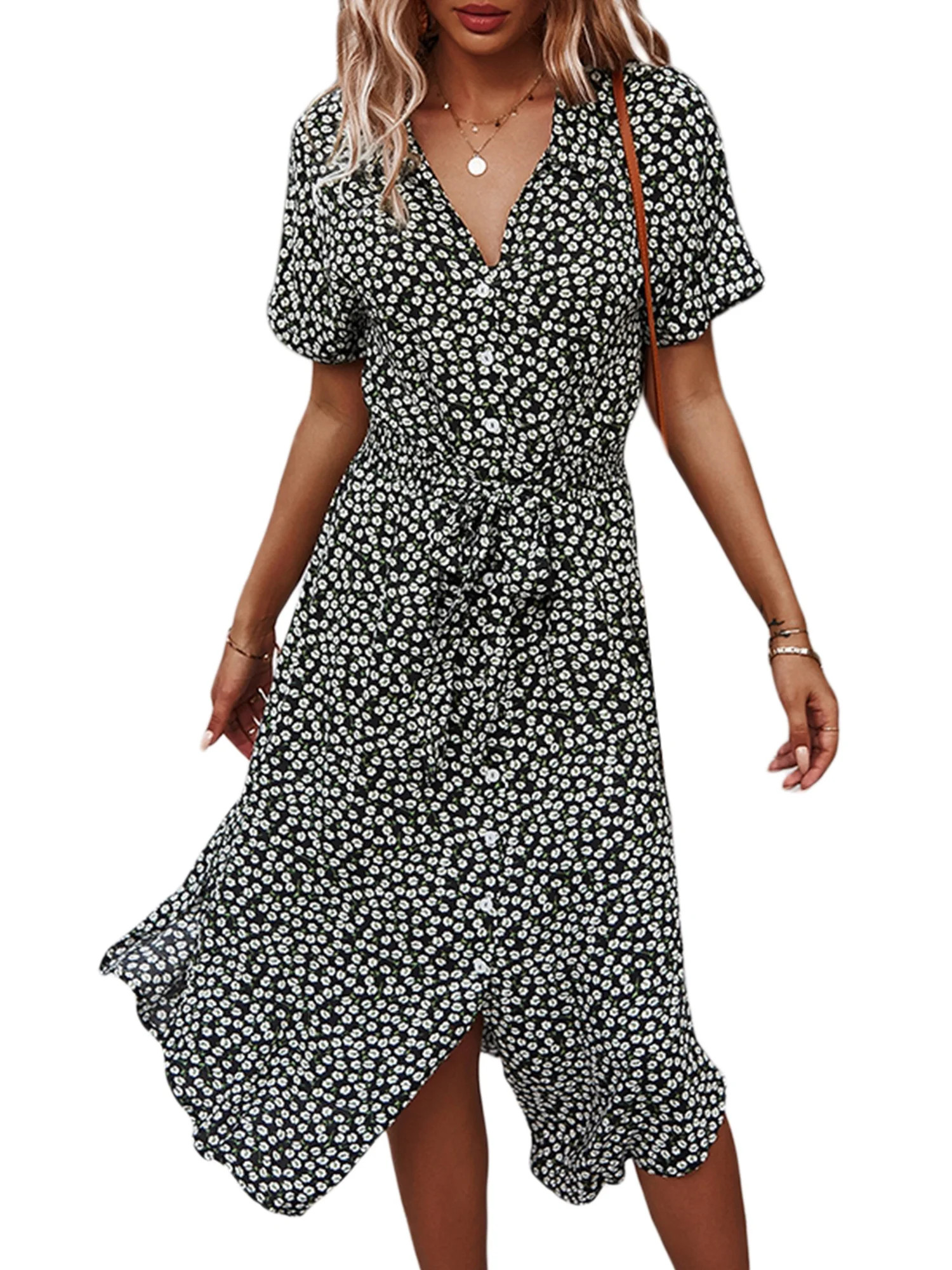 Women's Button Down Midi Dress, Short Sleeve Floral Print Belted Loose Shirt Dress | Walmart (US)