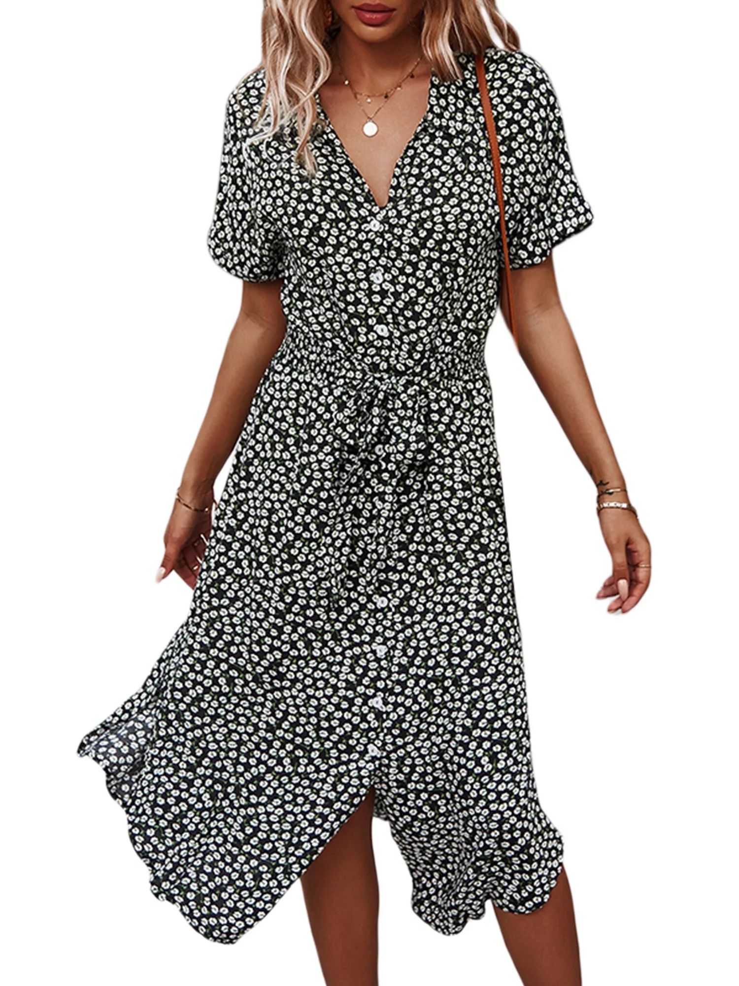 Women's Button Down Midi Dress, Short Sleeve Floral Print Belted Loose Shirt Dress - Walmart.com | Walmart (US)