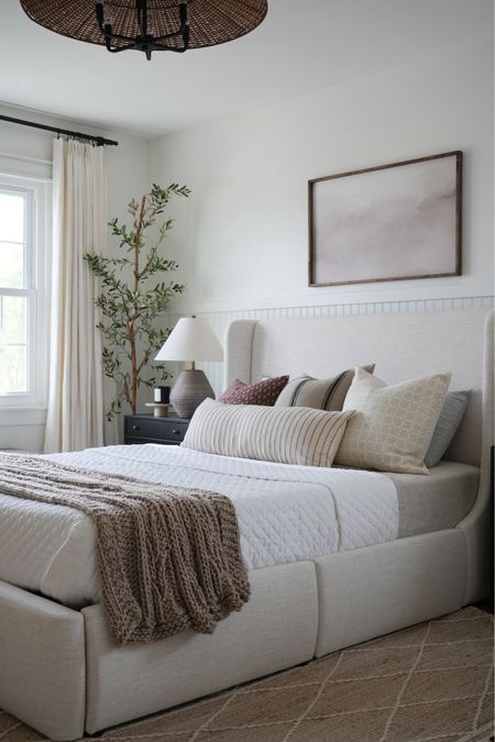 Bedroom furniture, throw pillows, bedding, master bedroom decor, primary bedroom, master bedroom furniture, pottery barn, winged bed, upholstered bed, Wayfair bed, zuma white bed, linen bed  

#LTKhome #LTKfamily #LTKunder100