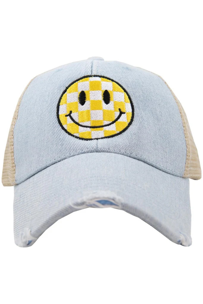 Yellow Checkered Happy Face Trucker Hat | Katydid.com