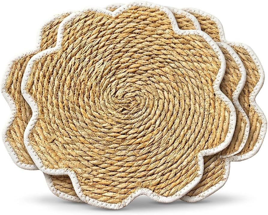 Woven Placemats Set of 4, 13.8-inches Flower Shaped Boho Rattan Chargers | Amazon (US)