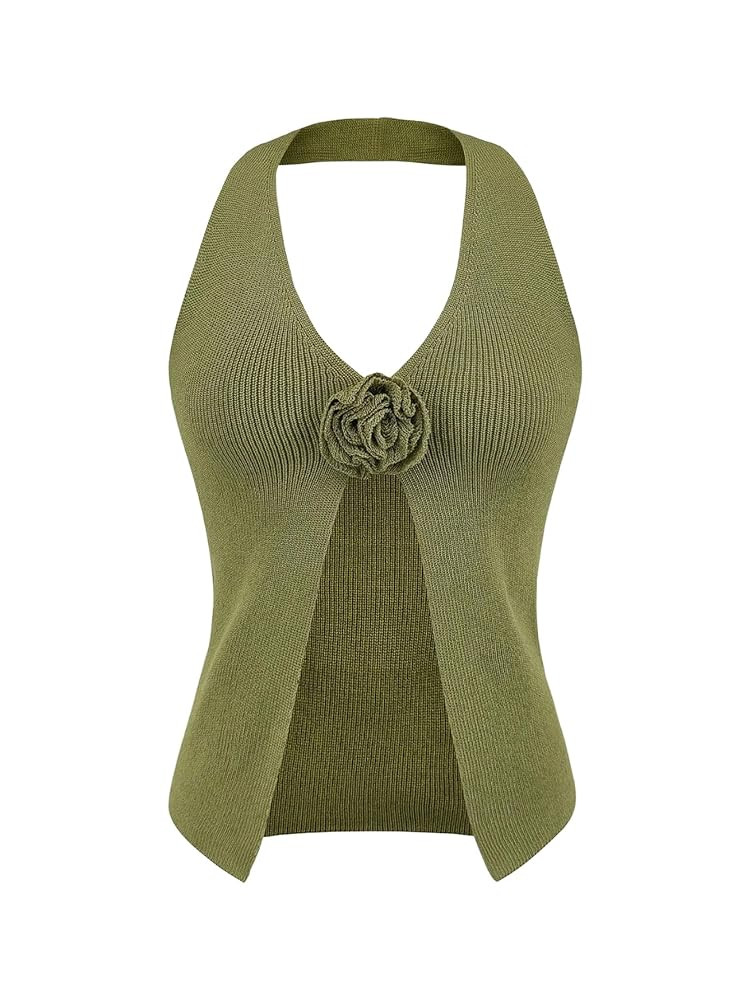 SOLY HUX Women's 3D Flower Halter Top V Neck Sleeveless Backless Split Knit Y2k Tank Tops | Amazon (US)