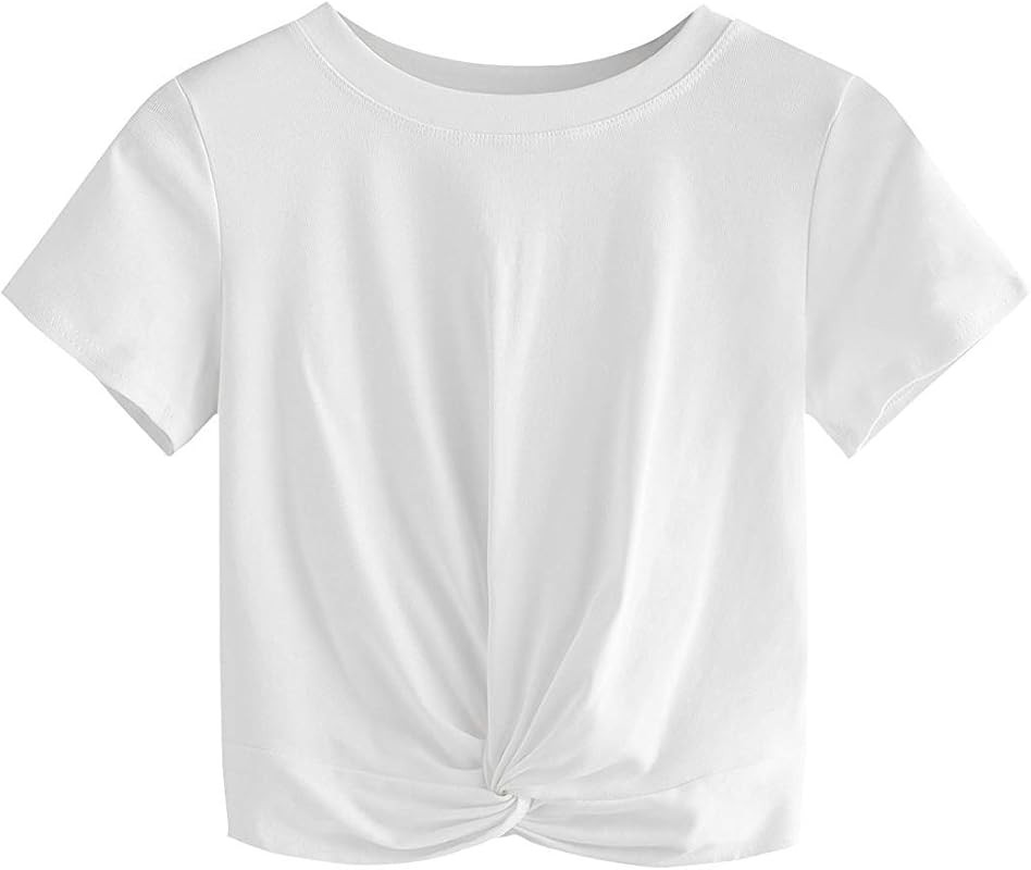 Women's Summer Crop Top Solid Short Sleeve Twist Front Tee T-Shirt | Amazon (US)