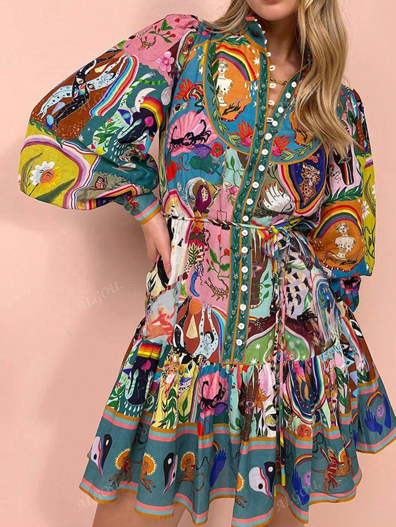 Vacation Casual Retro Printed Tied Long Sleeve Dress | SHEIN