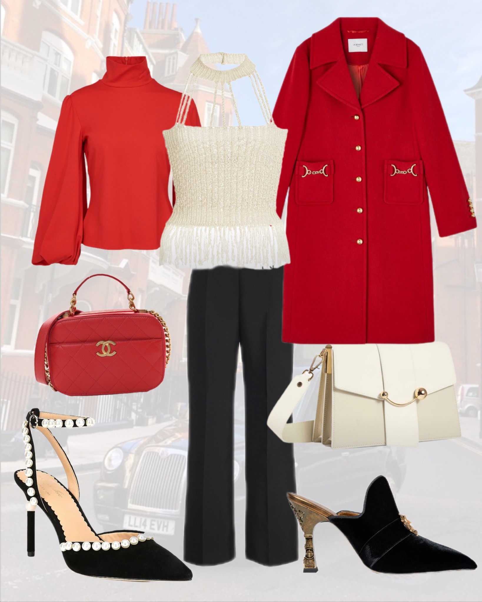 An elegant and bold look in red black and white, with touches and gold and pearls. This Pearl corset is to be worn on top of a red blouse and contrasted by black trousers for a dramatic and enhanced look! 

#LTKstyletip #LTKshoecrush