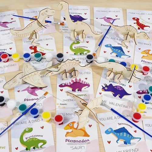 TORONTOKYO Valentines Day Gifts for Kids, 28 Pack Dinosaurs Wood Painting Craft Kits with Dino Va... | Amazon (US)