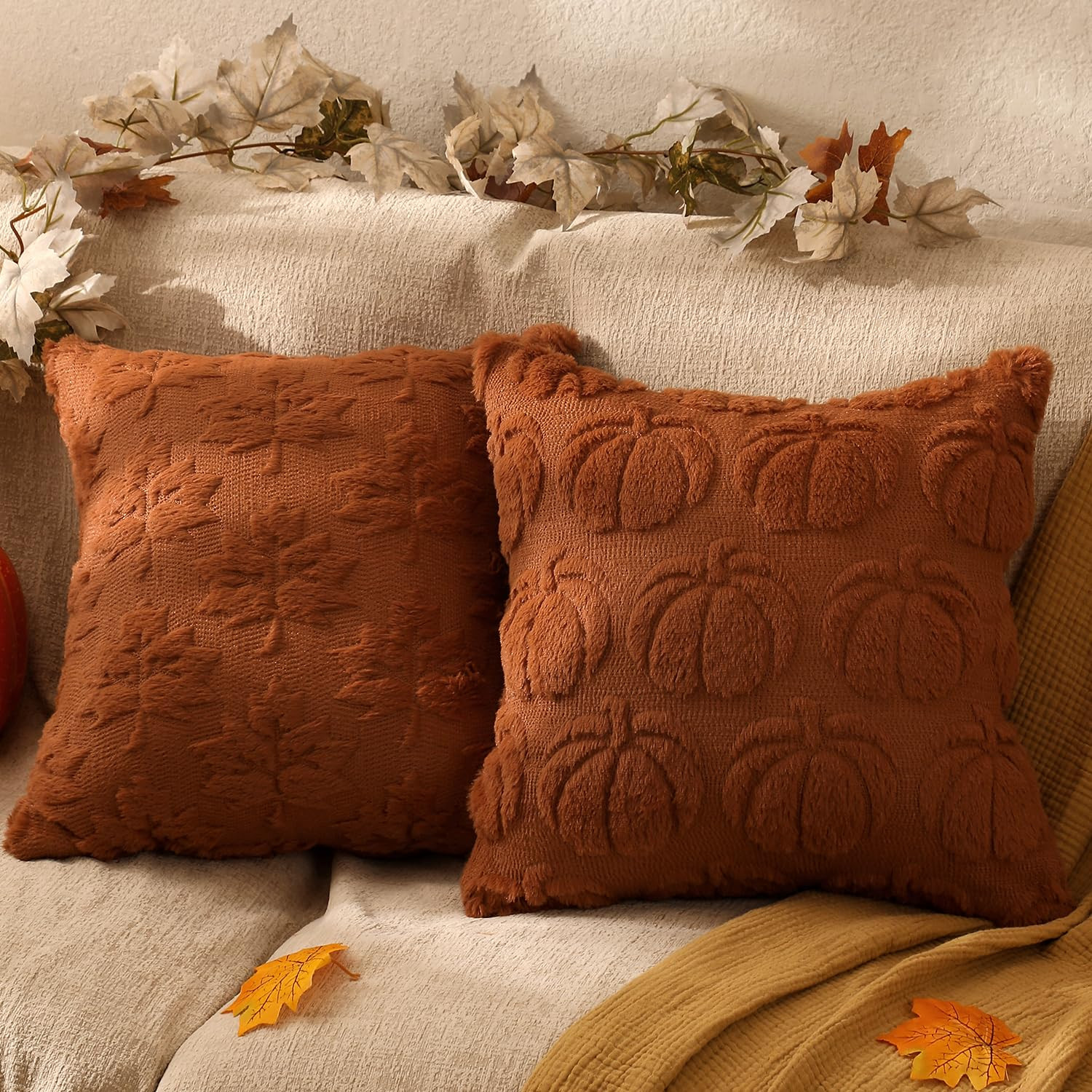 Fall Decorations Set of 2 Double-Sided Fall Pillow Covers 18" x 18", with 2 Different Looks, Rust... | Amazon (US)