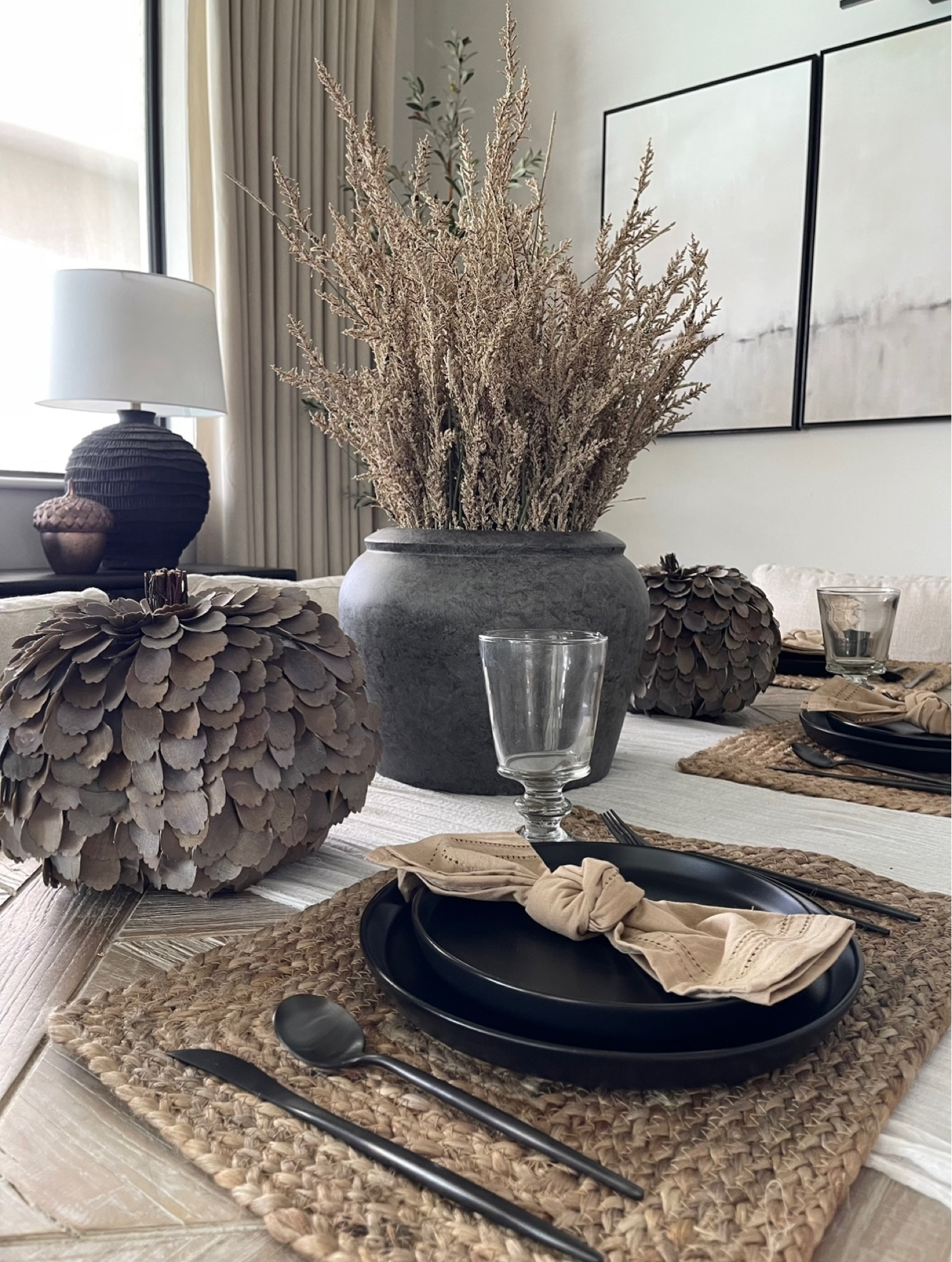 Neutral Fall Tablescape
Black dinnerware, bistros glasses, jute placemats, cloth napkins, berry stems, wood curled pumpkins, tan throw, accessories, budget friendly, neutral decor, transitional decor, home decor #athomestores

#LTKSale #LTKSeasonal #LTKhome