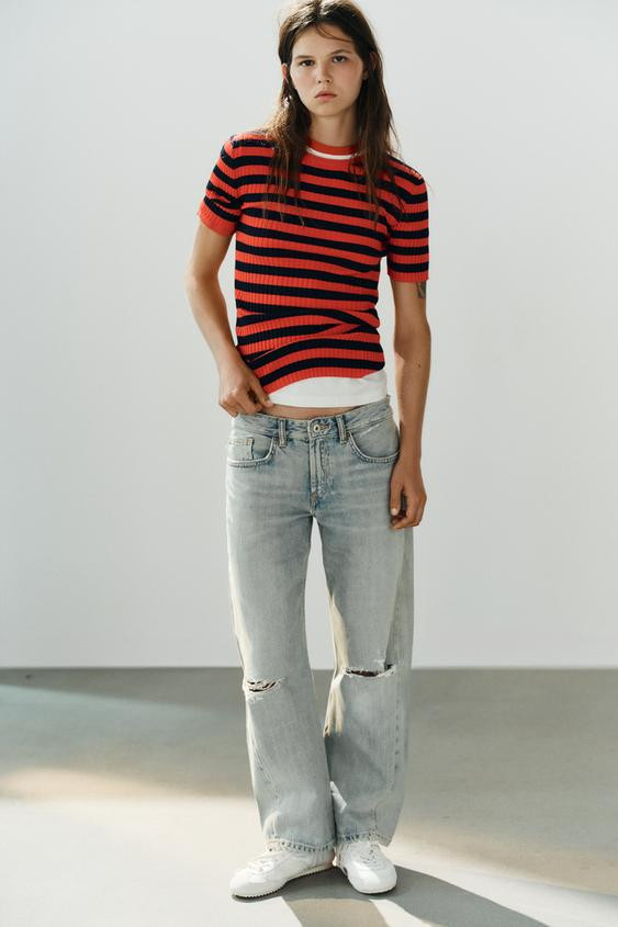 Zara - Striped Ribbed Knit Top - Navy / White - S - Woman | Zara US