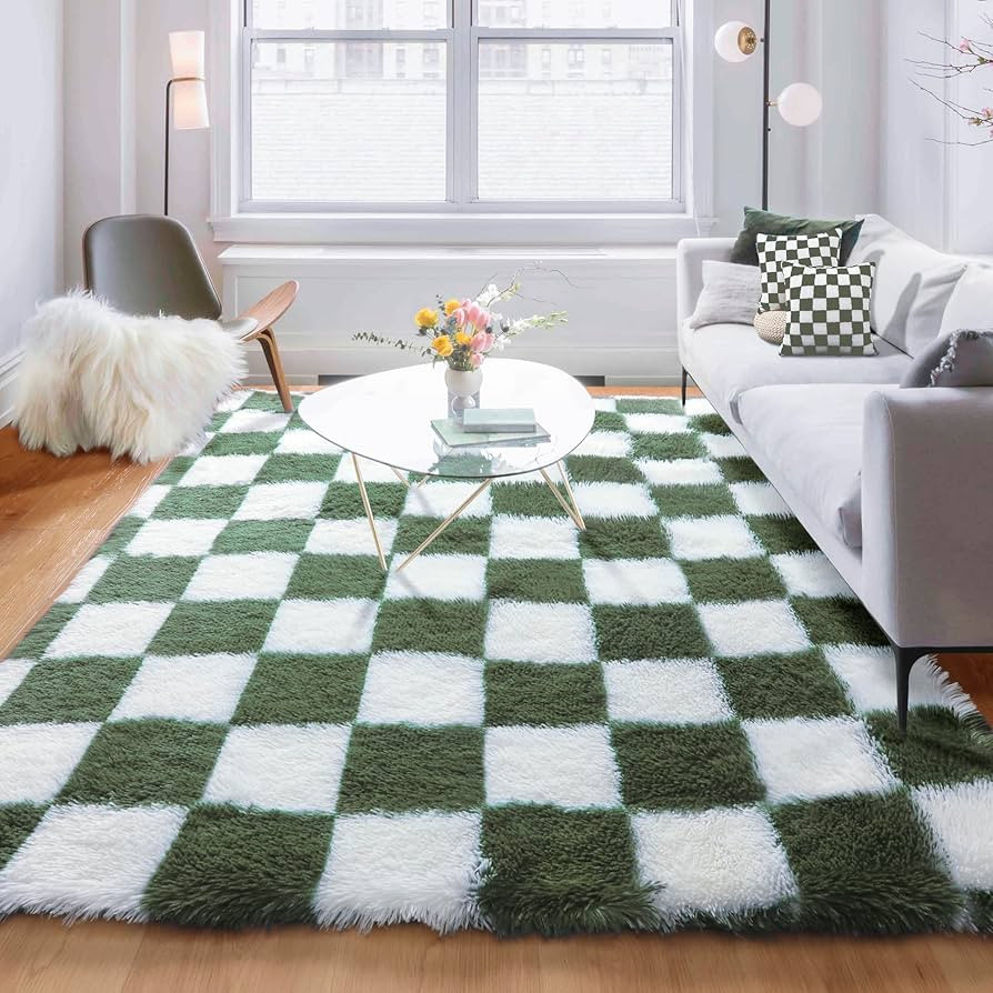 KICMOR Rugs for Living Room 5x8 Olive Green and White, Large Fluffy Soft Plush Checkered Area Rug... | Amazon (US)
