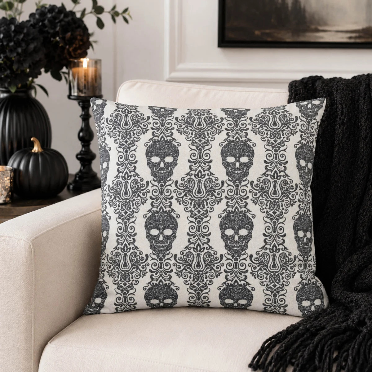 Gothic Damask Skull Throw Pillow Set of 2 with Cotton Linen Cover | Wayfair North America