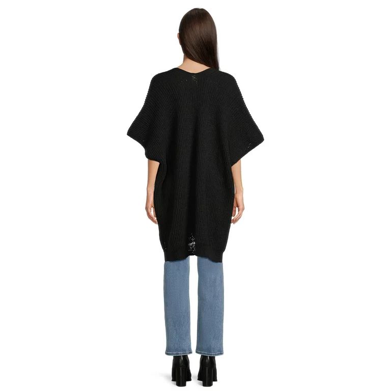 Time and Tru Women's Ribbed Sweater Cape with Pockets, One Size, Black Soot | Walmart (US)